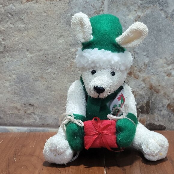 Vintage Kinderkids White Bear Holding Gift Plush Christmas Decor 1999 - Picture 1 of 12